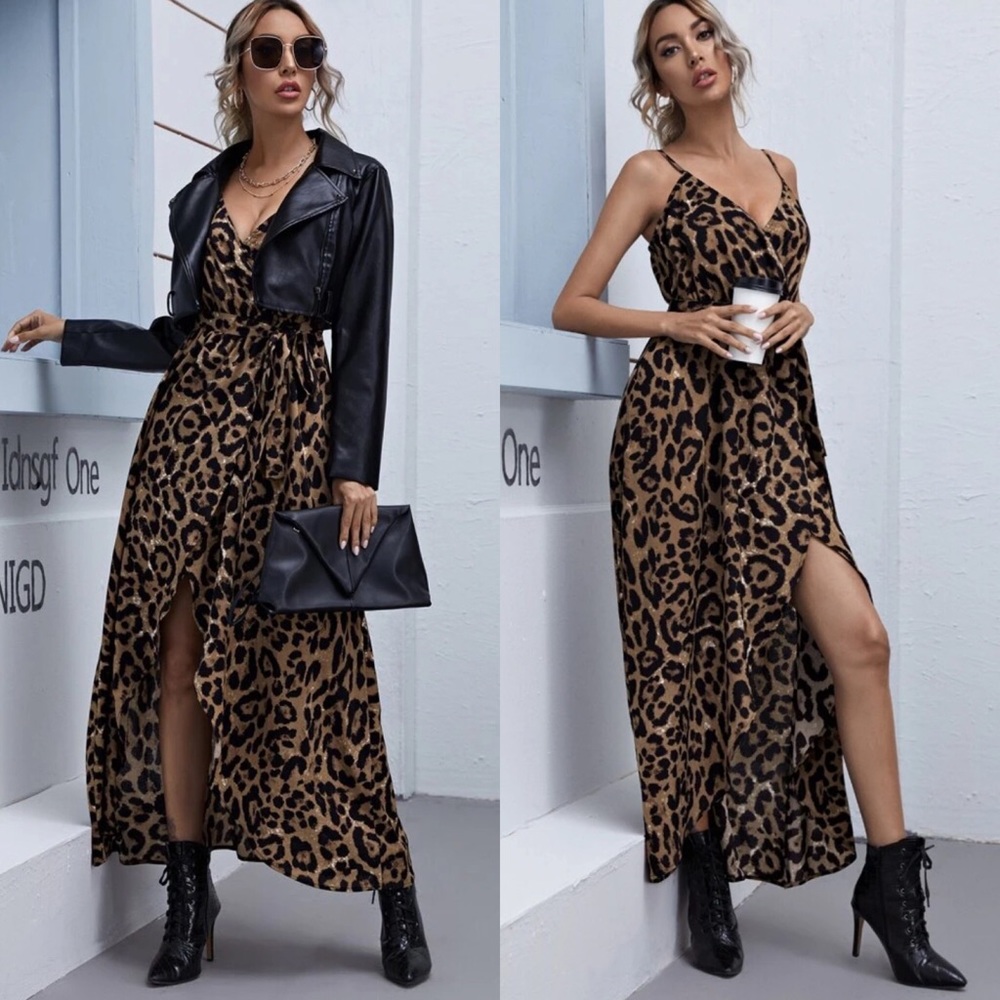 Leopard Print Wrap Tie Cami Dress